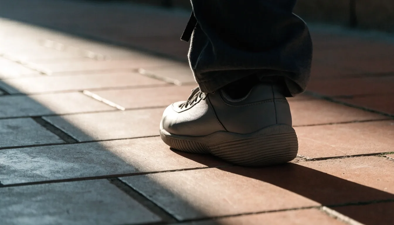 Suela de un zapato de paseo apoyándose en una acera española al amanecer, con luz cálida rasante desde la izquierda