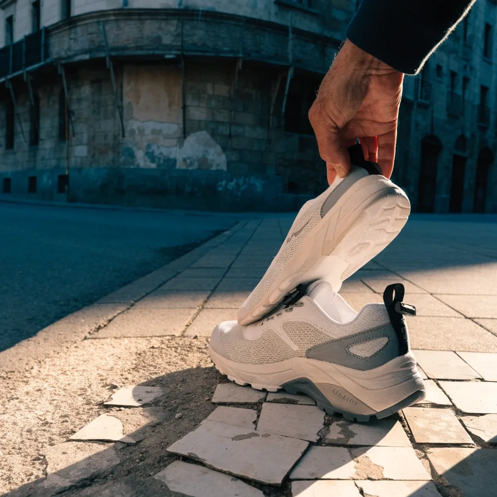 Detalle de la suela de un zapato de paseo apoyada sobre gravilla y baldosa inclinada a primera hora