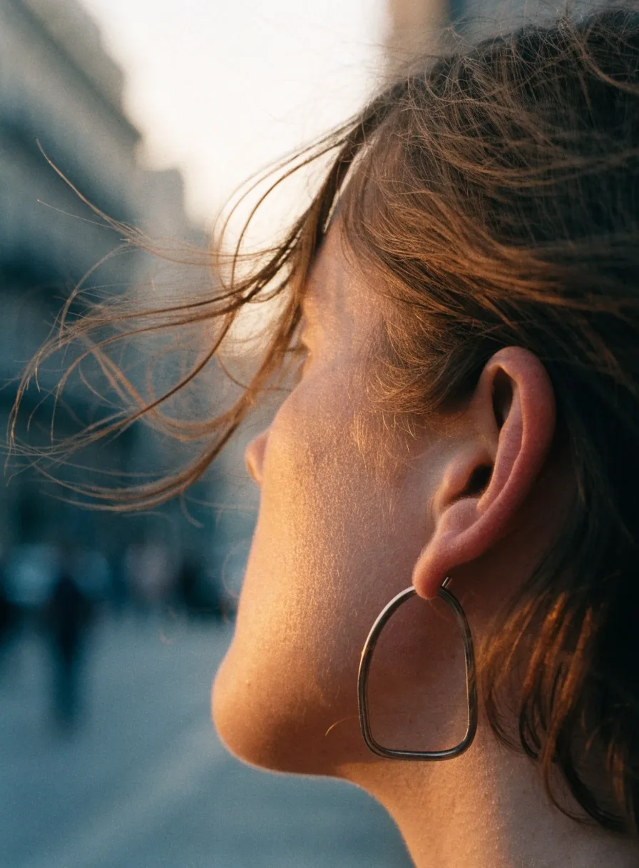 Perfil de una persona adulta con el oído y el pelo al viento en una calle de Madrid al amanecer
