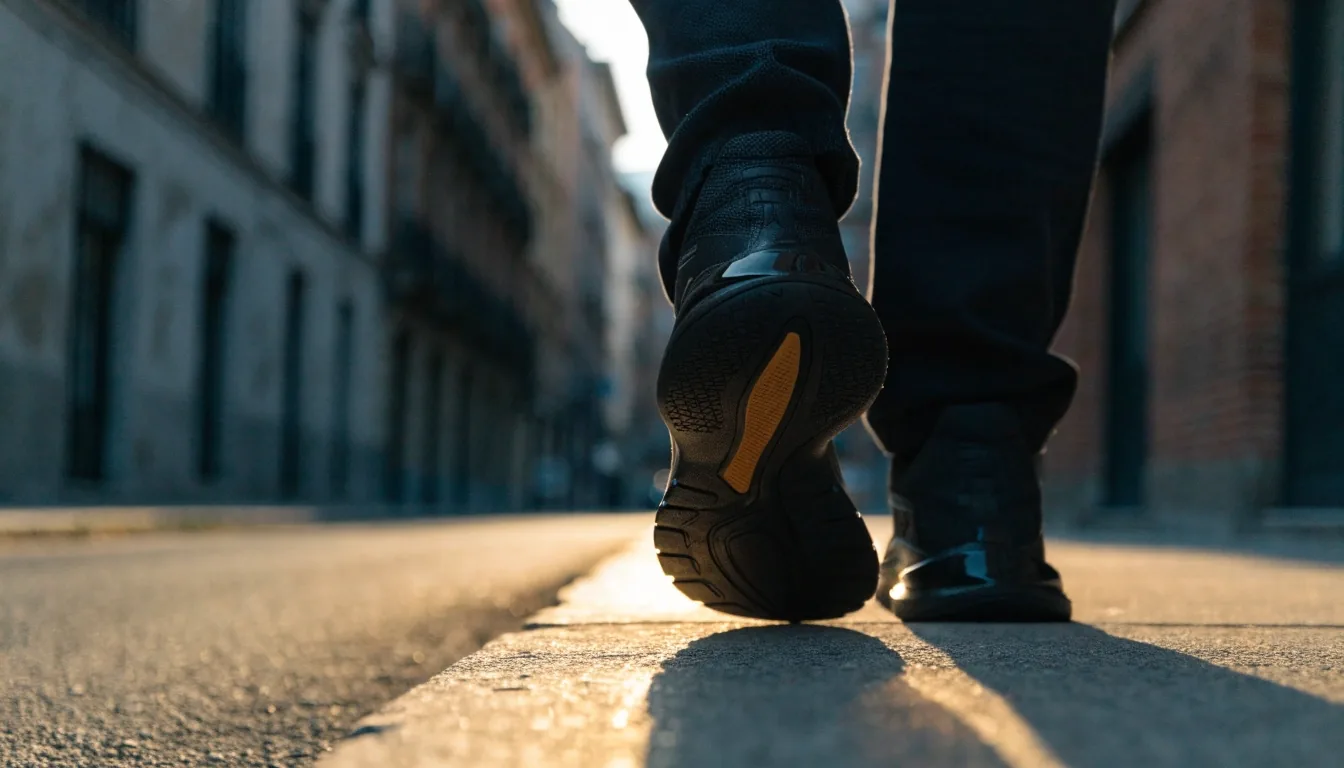 Macro de la suela y entresuela de un zapato de paseo apoyado en terreno mixto