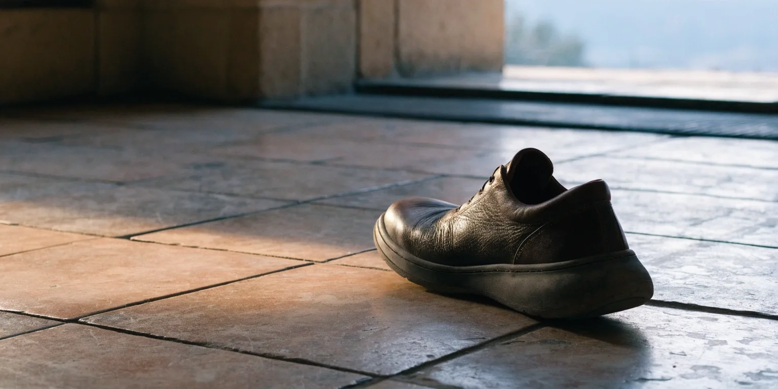 Par de zapatos discretos de paseo diario apoyados en el umbral de una casa española con luz de la mañana