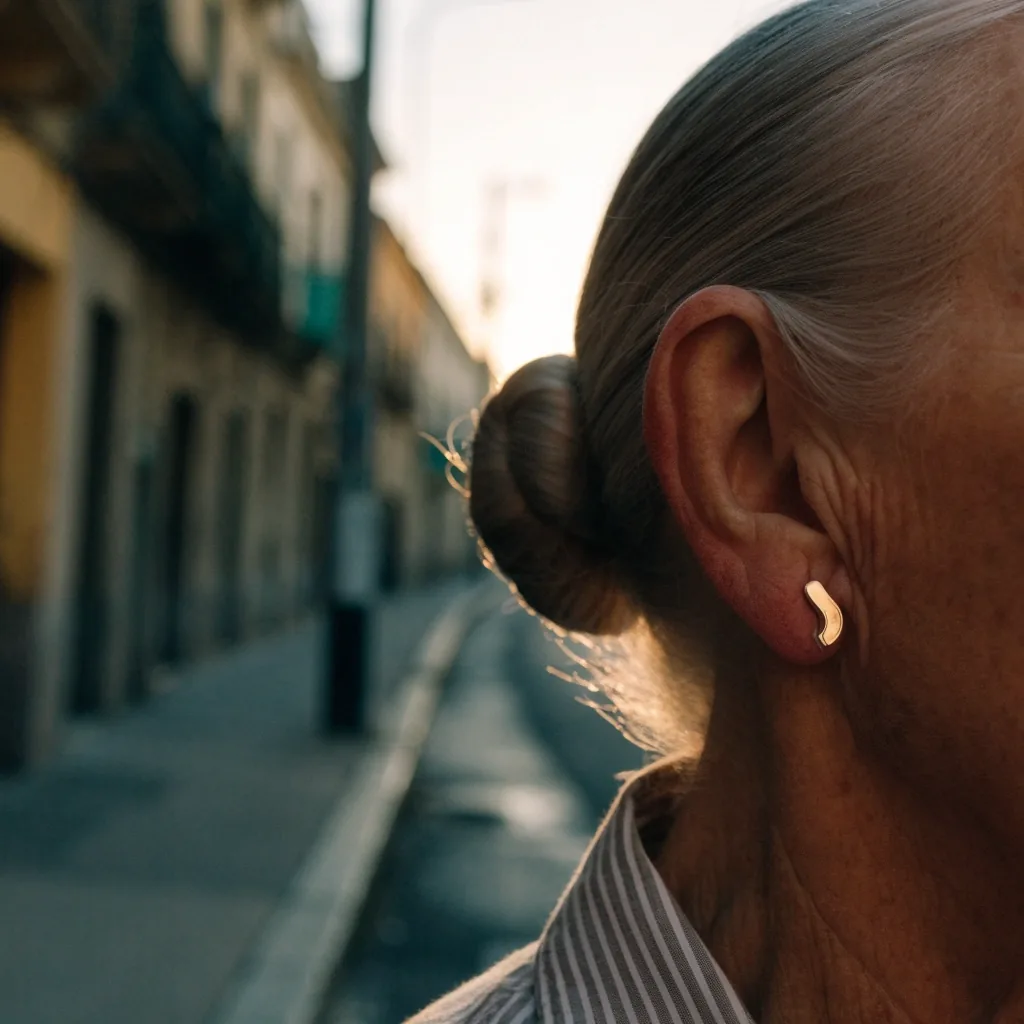 Perfil de una oreja adulta con un gancho de oído abierto sujeto sin tapar el canal auditivo