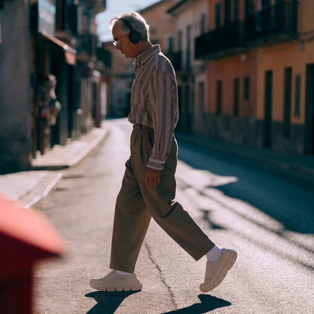 Transeúnte adulto caminando por la acera a primera hora, con un banco de descanso al fondo