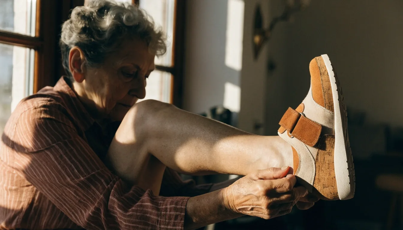 Manos sosteniendo un zapato de paseo a contraluz junto a una ventana
